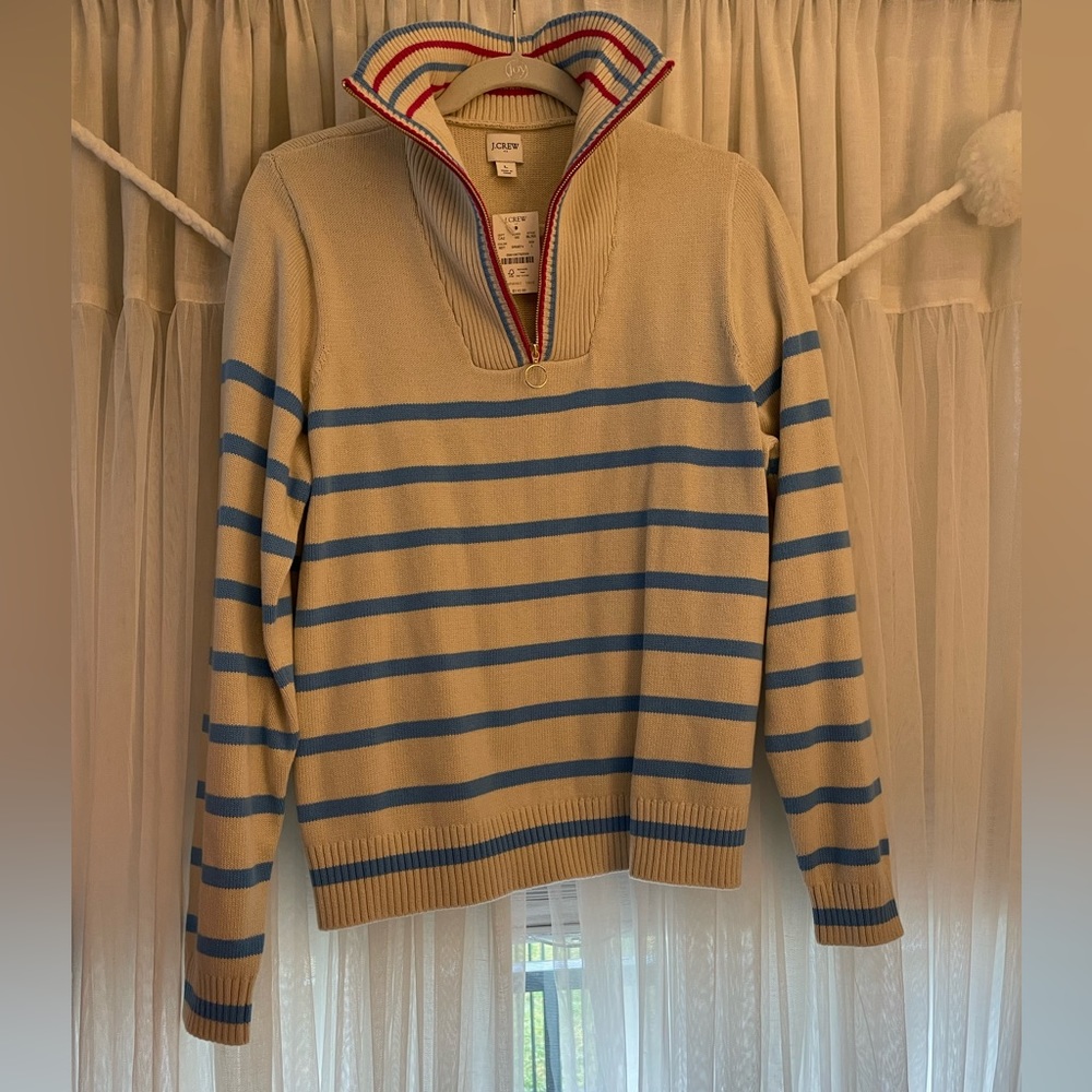 J. Crew Sweater. Stripe. Size: Large. NWT. 1/4 zip. Ivory, Blue and Pink.